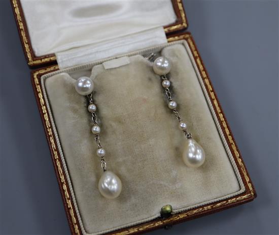 A pair of early 20th century white metal and cultured pearl? drop earrings, 44mm.